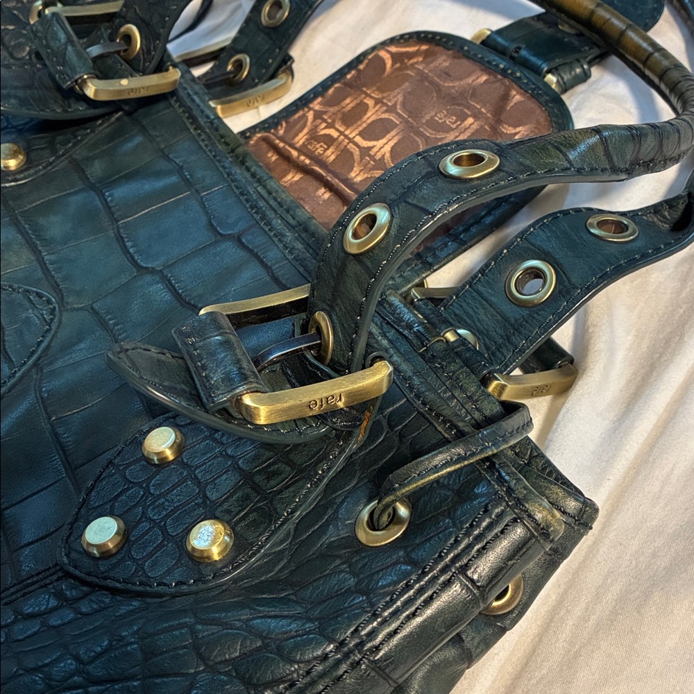 Rafe Dark Green Croc-Embossed Handbag with Gold Accents - Picture 4 of 7